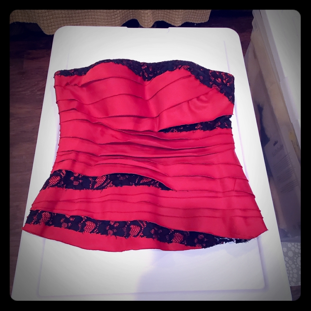 Bebe red silk with black lace corset
